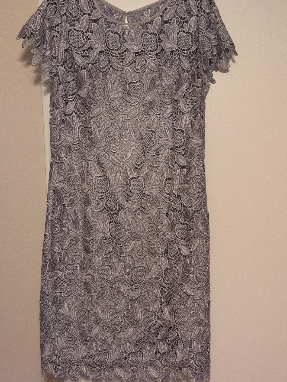Elegant Gray Lace Midi Dress with Floral Overlay
